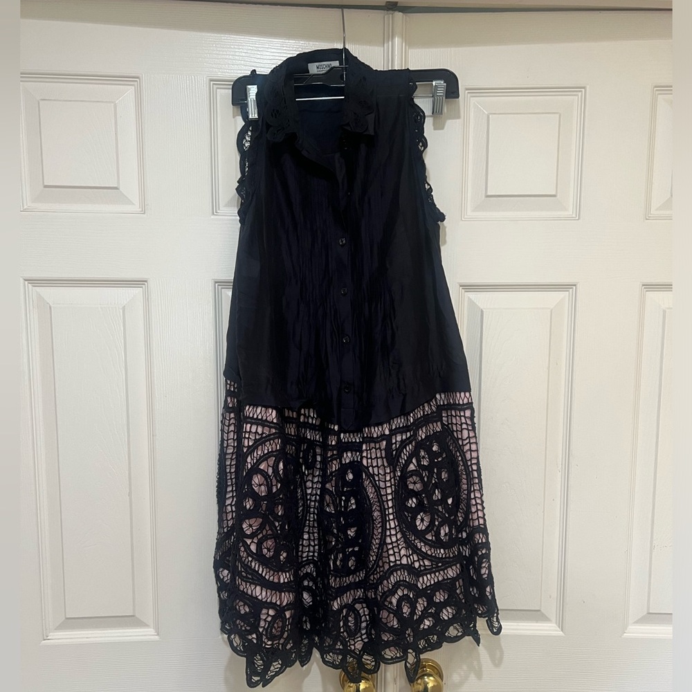 Moschino Cheap & Chic Black Cotton & Silk Lace Hem Sleeveless Shirt MIDI Dress 8